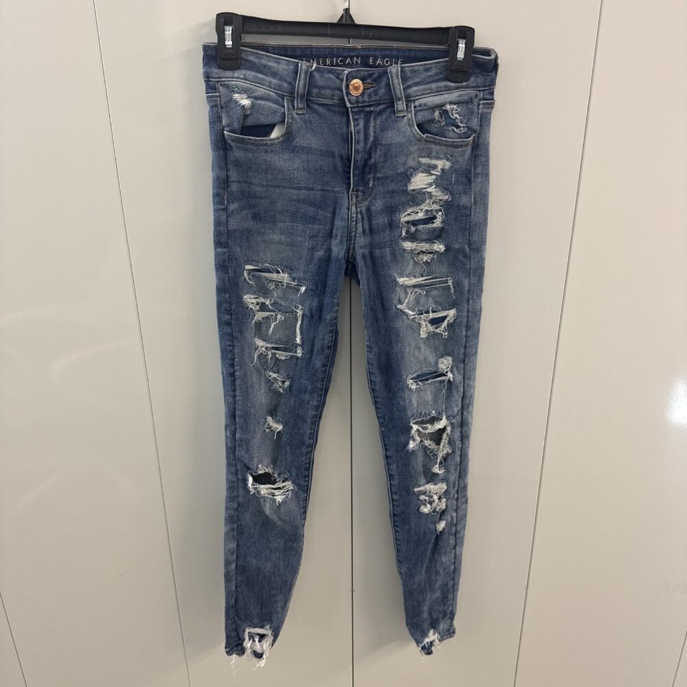 American Eagle Next Level Stretch Mid Rise Jeggings 4 Blue Distressed Jeans E2